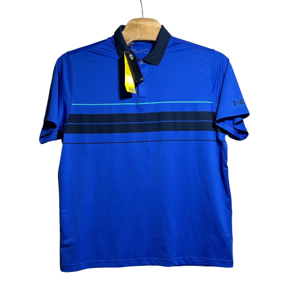 NEW Under Armour Men 2XL HeatGear Polo Shirt Royal Blue Striped UPF 50 Loose Fit